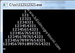 C# Console 1 121 12321 şeklinde devam eden diziyi ekrana yazan program