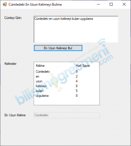 C# Dersleri-Cümledeki En Uzun Kelimeyi Bulma