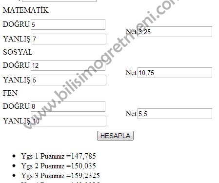 Asp.Net Dersleri – Ygs Puanı Hesaplama
